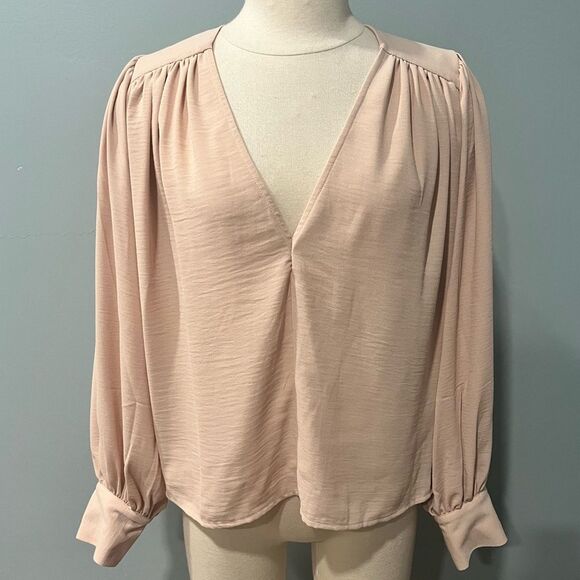 NWT Prologue Cement Cream Bishop Sleeve V Neck Long Sleeve Blouse Size Small - Picture 1 of 5